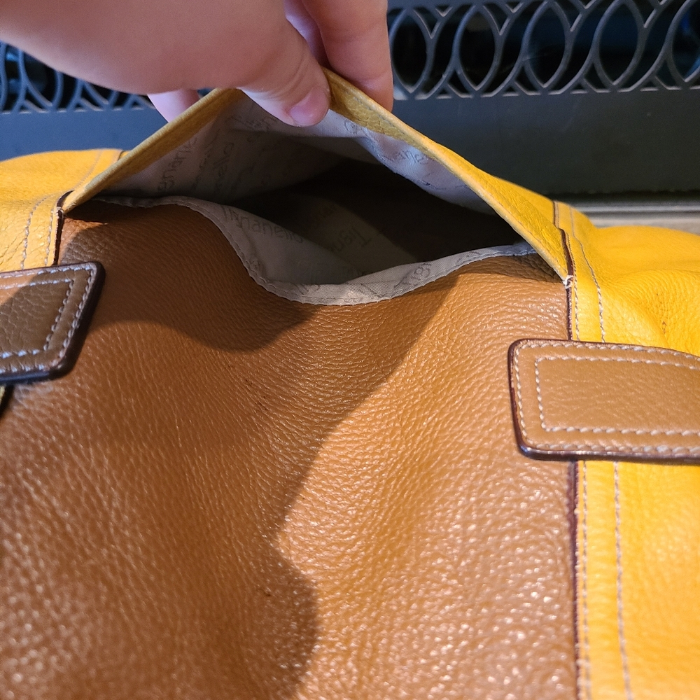 Tignanello Mustard Yellow and Brown Leather Purse/Shoulder Bag Multi Conpartment - Picture 8 of 14